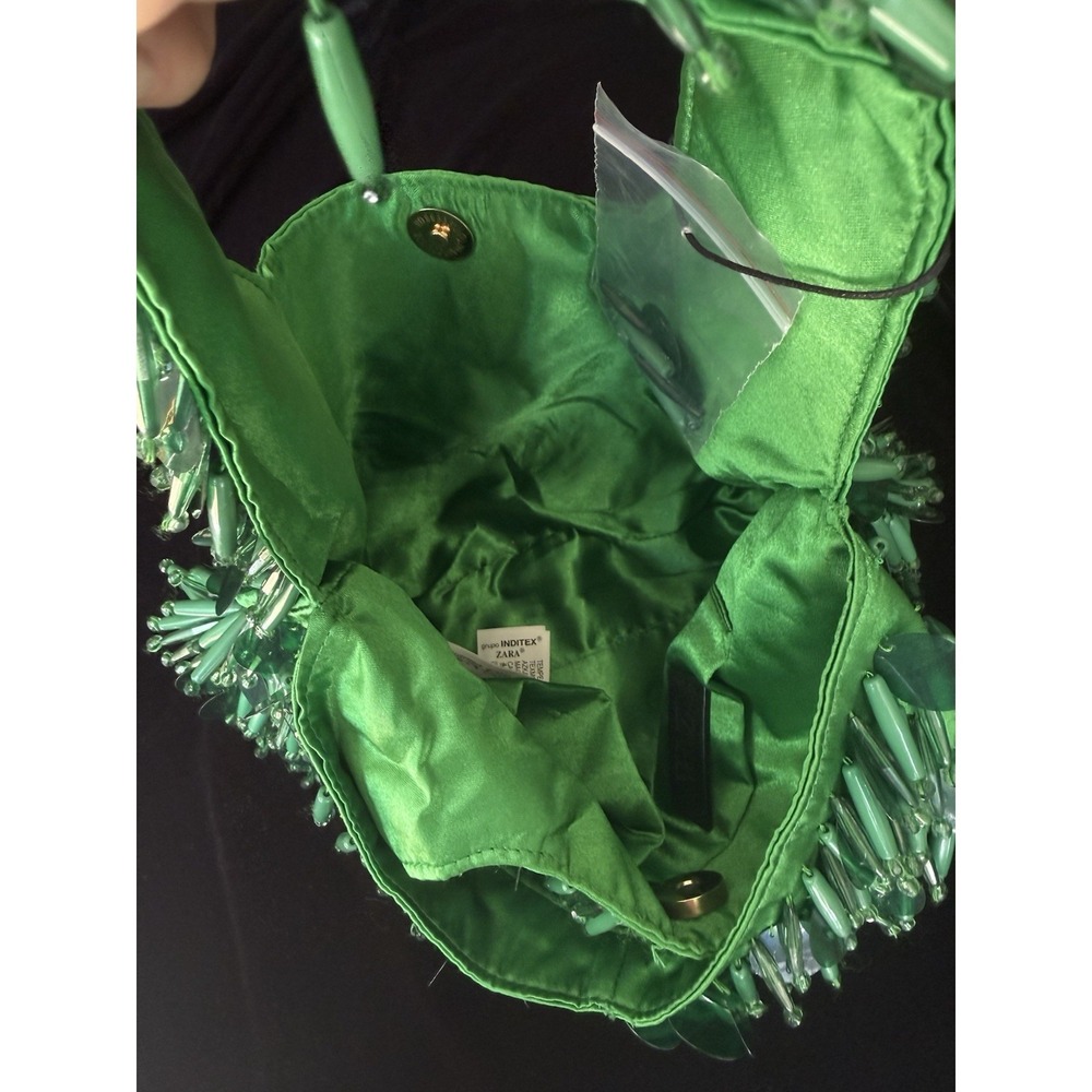 Zara Green Beaded Sequin Satin Statement Glam Hobo Handbag Evening Purse Bag - Picture 9 of 12